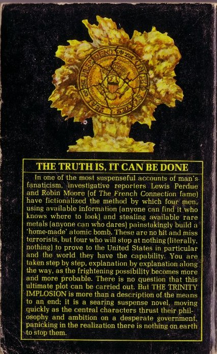 The Trinity Implosion by Lewis Perdue, Back Cover