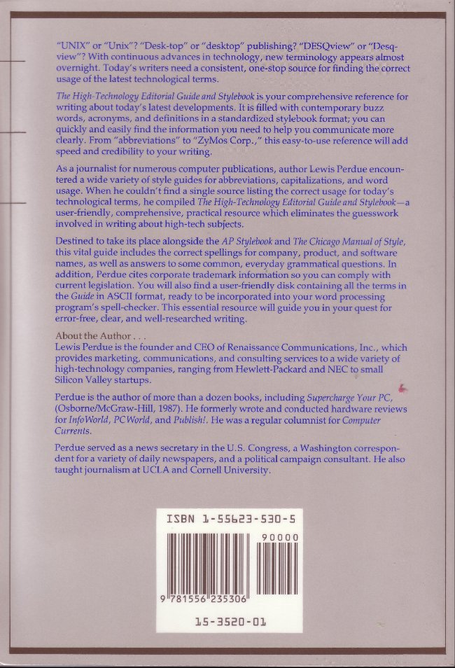 The High Technology Editorial Guide and Stylebook by Lewis Perdue, Back Cover